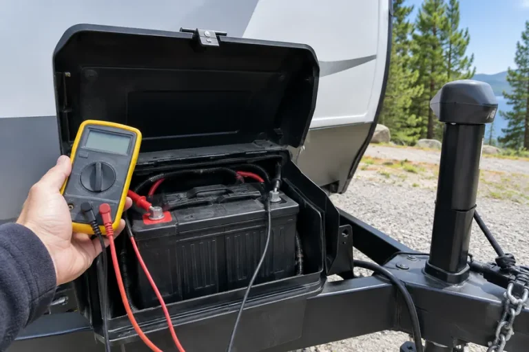 Checking RV house battery voltage with a multimeter at the battery terminals