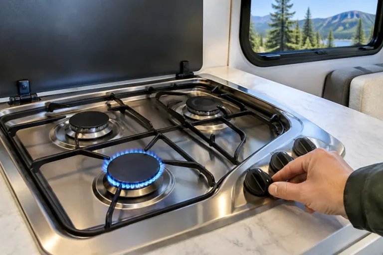 RV stove burner lit with a steady blue flame to confirm propane
