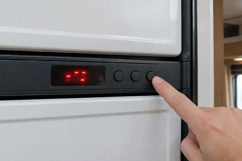RV refrigerator control panel with a glowing fault display