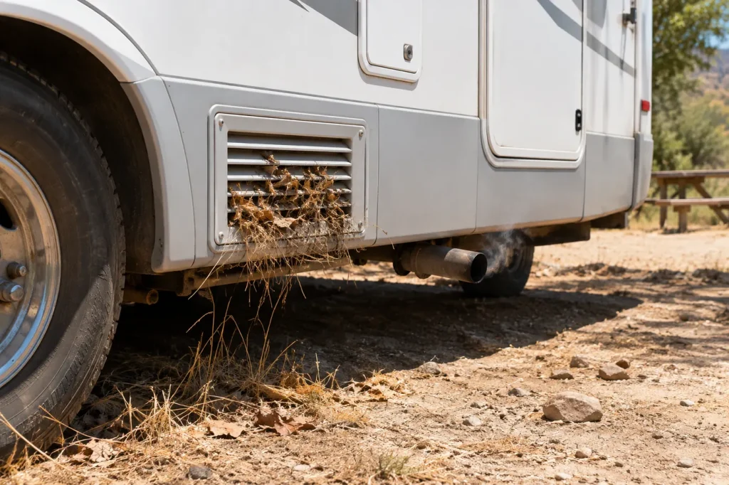 RV generator compartment with leaves blocking the air openings