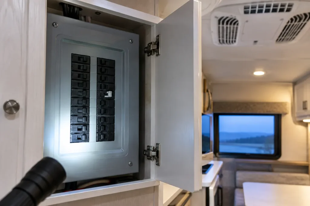 RV breaker panel with one tripped breaker
