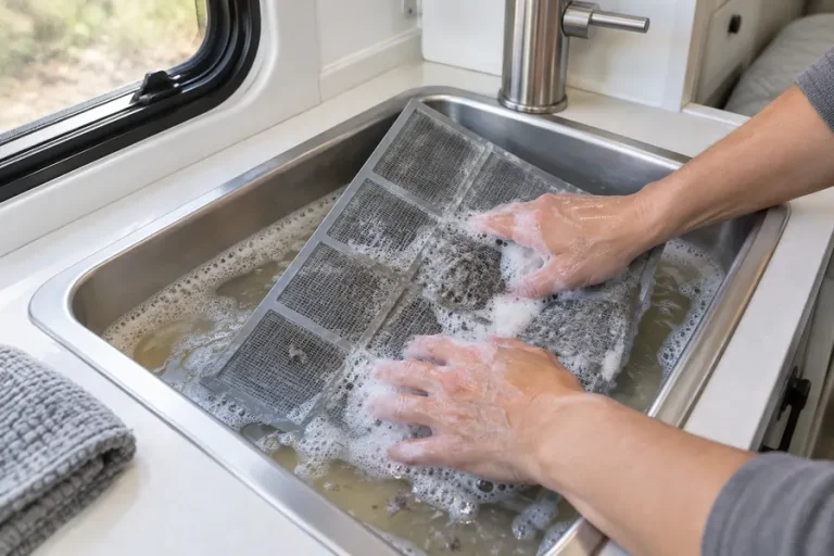 Washing an RV AC filter in soapy water