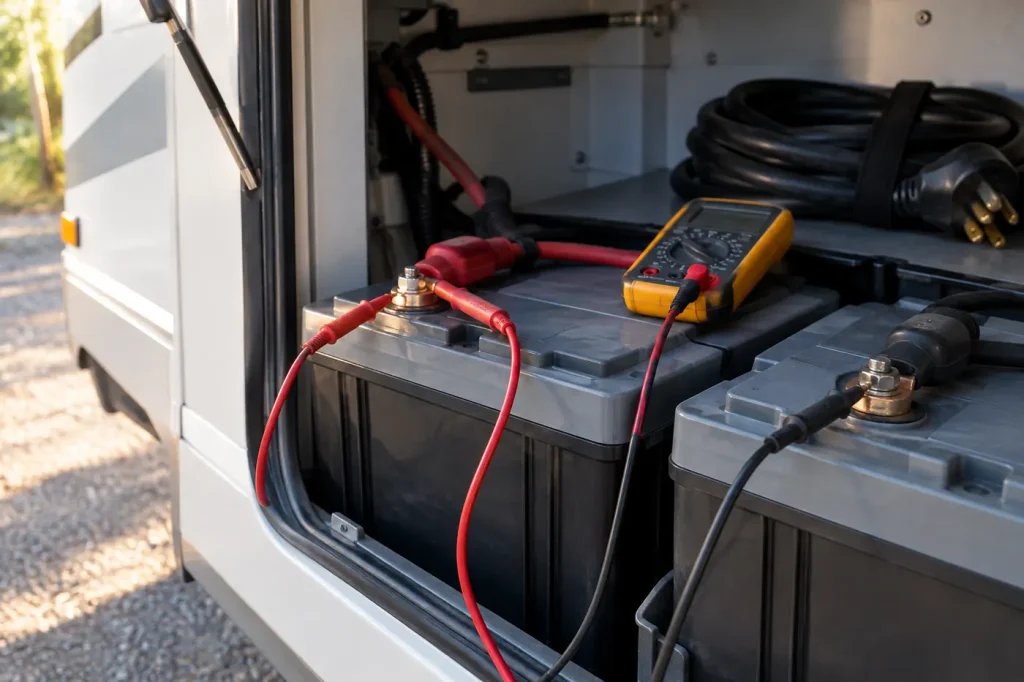 Multimeter probes on RV house battery terminals in an open battery compartment