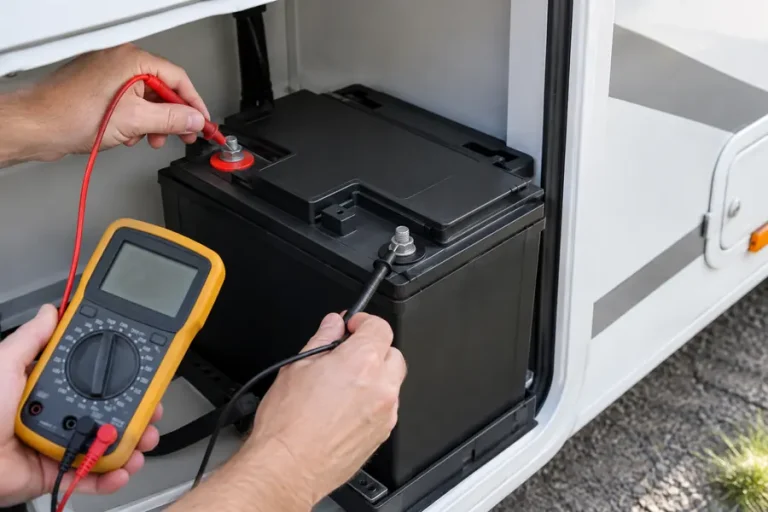 Checking a 12V RV battery's resting voltage with a multimeter