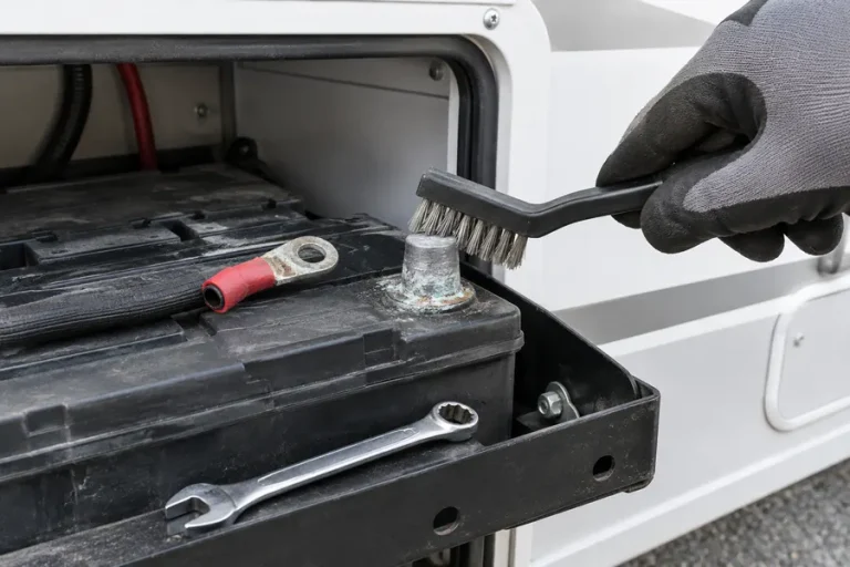 Cleaning corrosion off an RV battery terminal with a wire brush