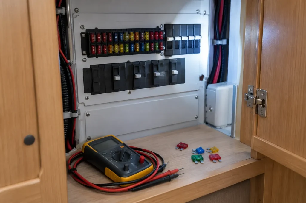 RV power center with fuses and breakers behind an open cabinet panel, multimeter in front
