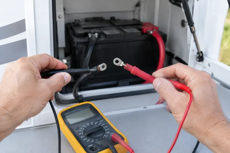 Testing RV converter output across unhooked battery cables with a multimeter