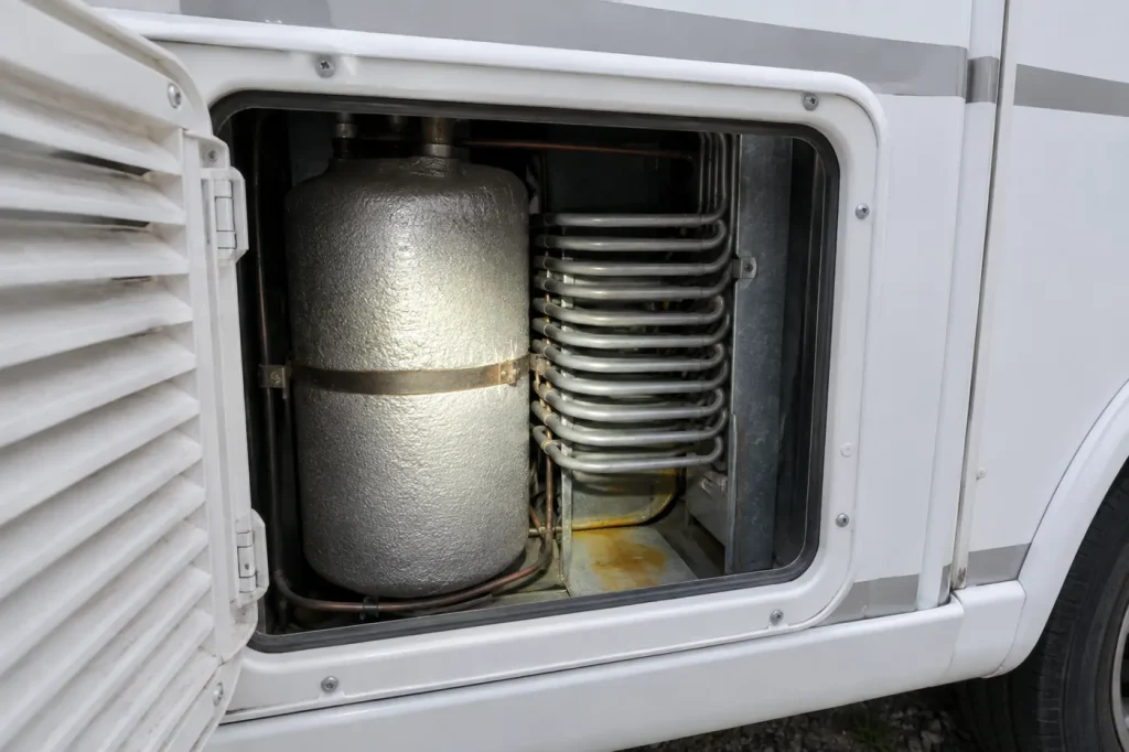 Back of an RV absorption fridge through the outside vent, with a yellow stain near the cooling unit
