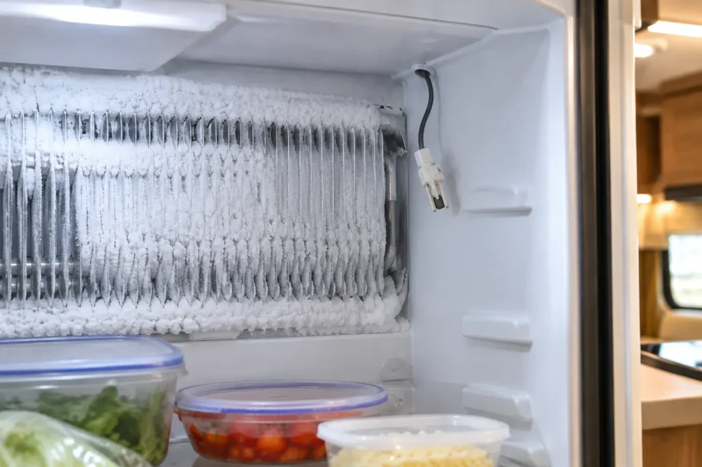Frost-covered cooling fins inside an RV fridge with a loose sensor clip