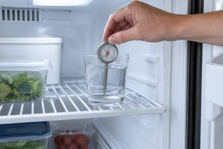 Fridge thermometer in a glass of water on an RV fridge shelf