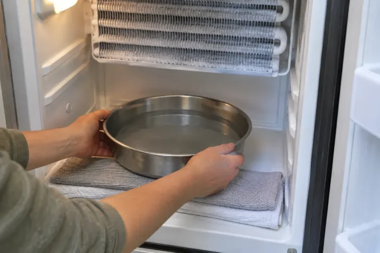 Pan of warm water set inside an empty RV fridge to defrost the fins