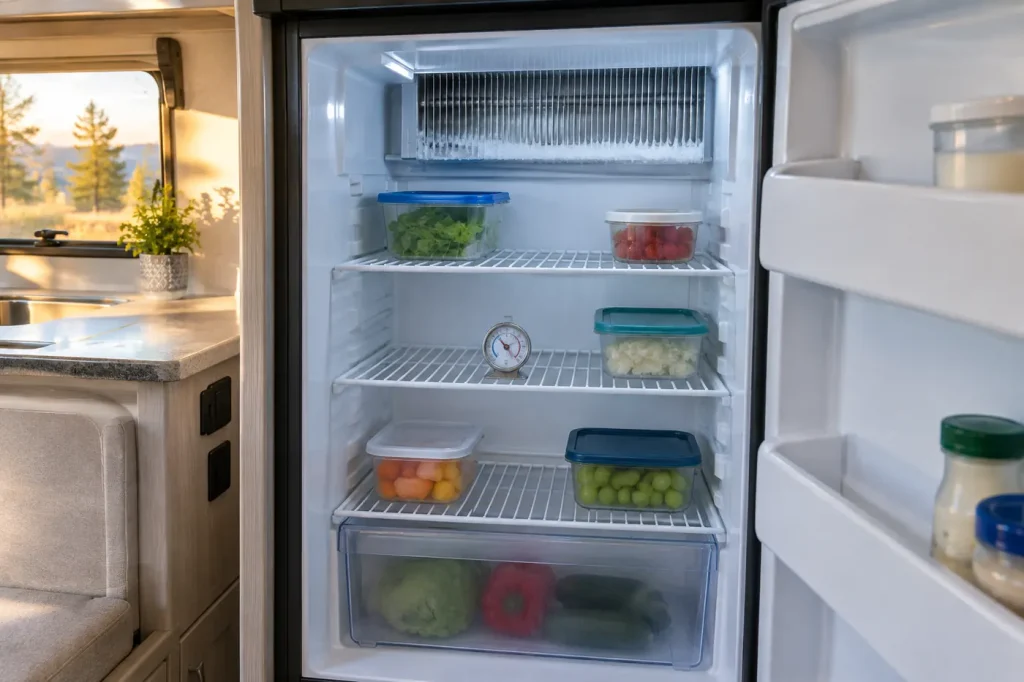 Open RV refrigerator with a thermometer on the shelf and frost on the cooling fins