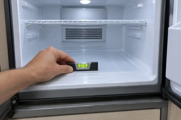 Bubble level on the floor of an RV freezer compartment