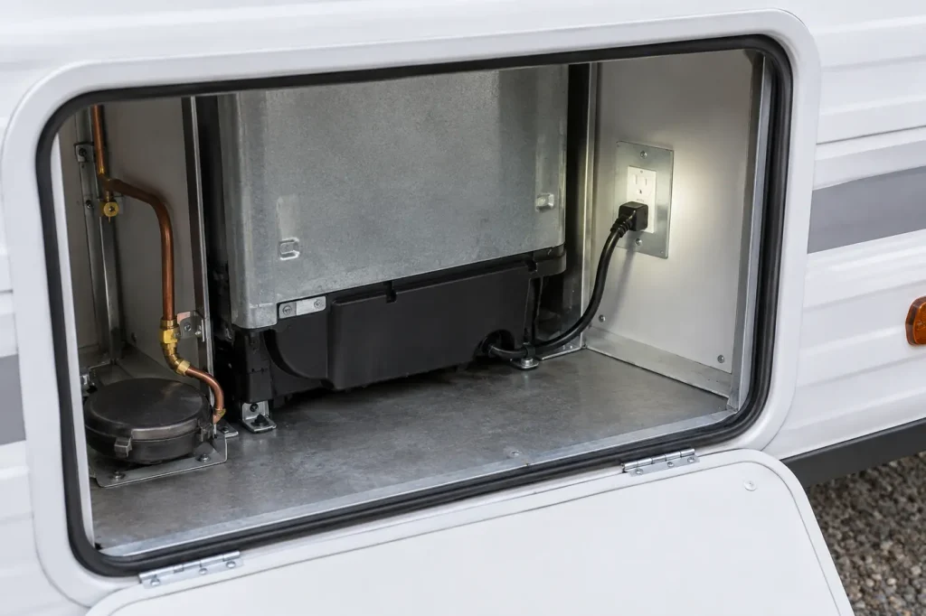 Back of an RV fridge seen through the outside vent, with its power cord plugged into an outlet