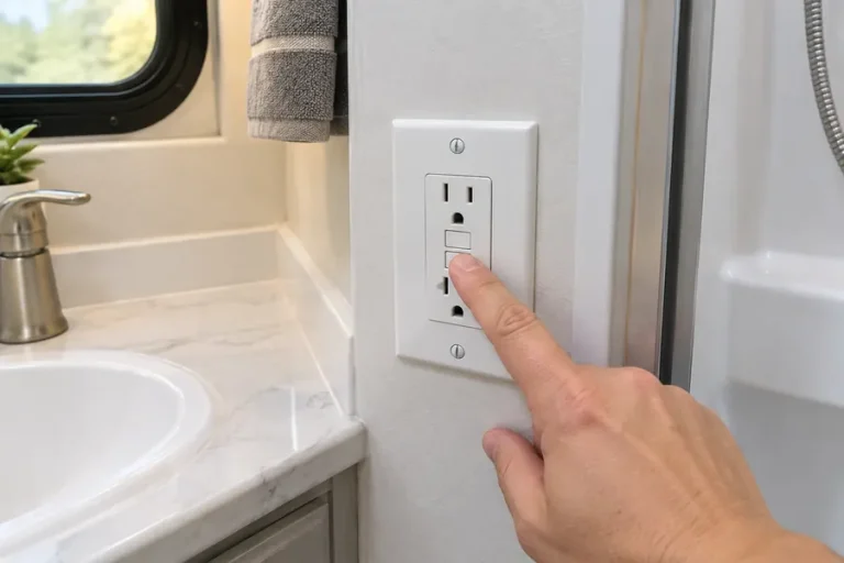 Pressing the reset button on a GFCI outlet in an RV