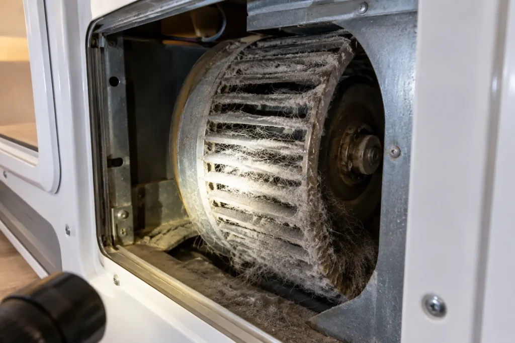 Lint and pet hair on an RV furnace blower wheel