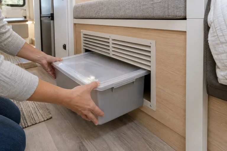 Moving a storage bin away from an RV furnace return-air grille