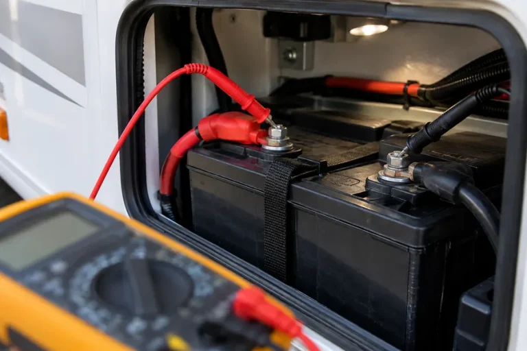 Multimeter probes on an RV battery to check voltage while the furnace runs