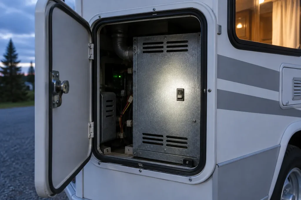 Open RV furnace access door with the furnace power switch lit by a flashlight