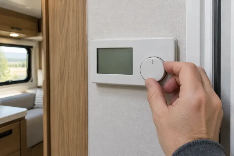Hand turning an RV wall thermostat off to clear a furnace lockout