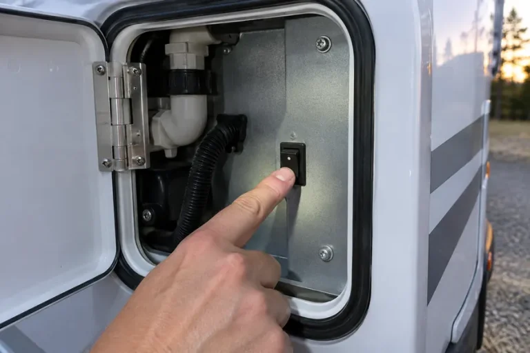 Finger flipping the power switch on an RV furnace