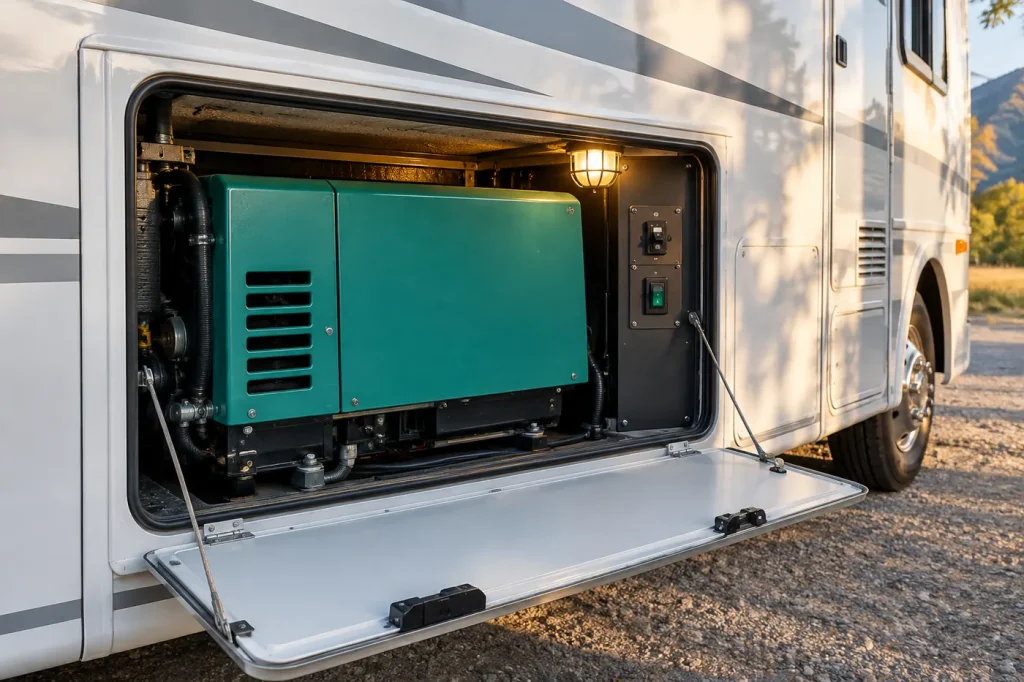 Open RV generator compartment showing the generator's control panel and breaker