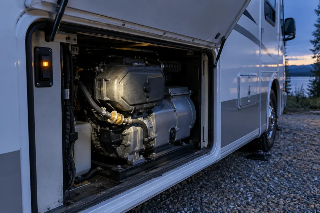 Open RV generator compartment with the start switch light glowing