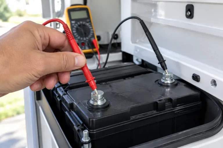 Multimeter probes on a 12 volt starting battery