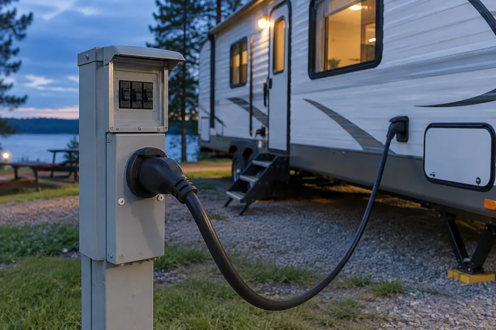 RV shore power cord plugged into a campground power pedestal at dusk