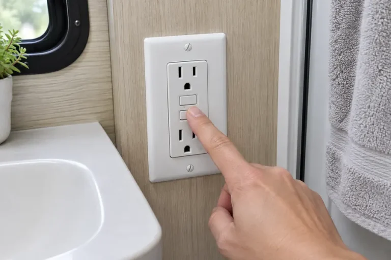 Pressing the reset button on a GFCI outlet in an RV