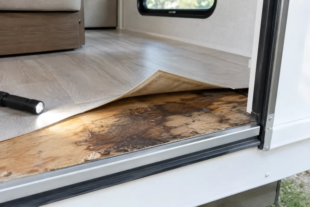 Water-stained decking under peeled-back vinyl at the edge of an RV slide-out floor