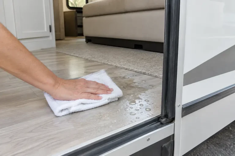 Blotting water off an RV slide-out floor with a towel