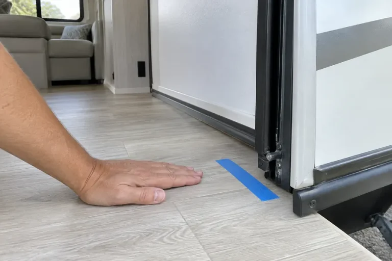 Pressing an RV slide-out floor to find soft spots and marking them with tape