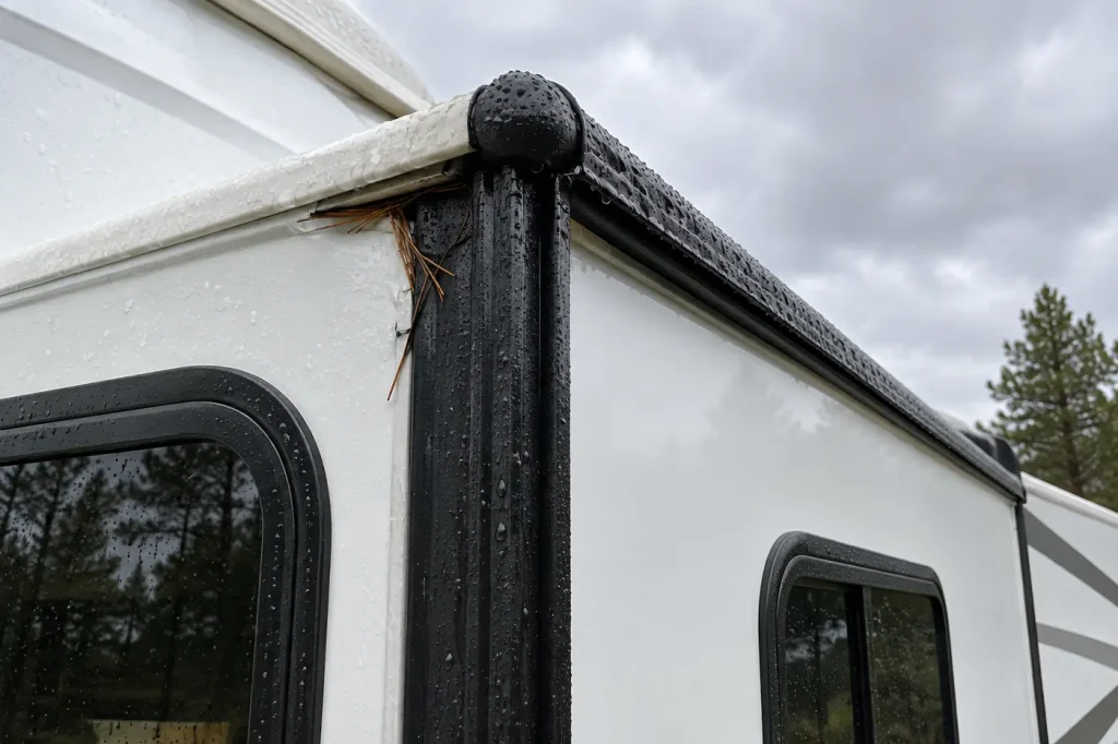 Rubber seals at the top corner of an extended RV slide-out after rain