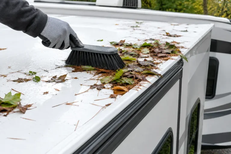 Sweeping leaves and pine needles off the roof of an RV slide-out
