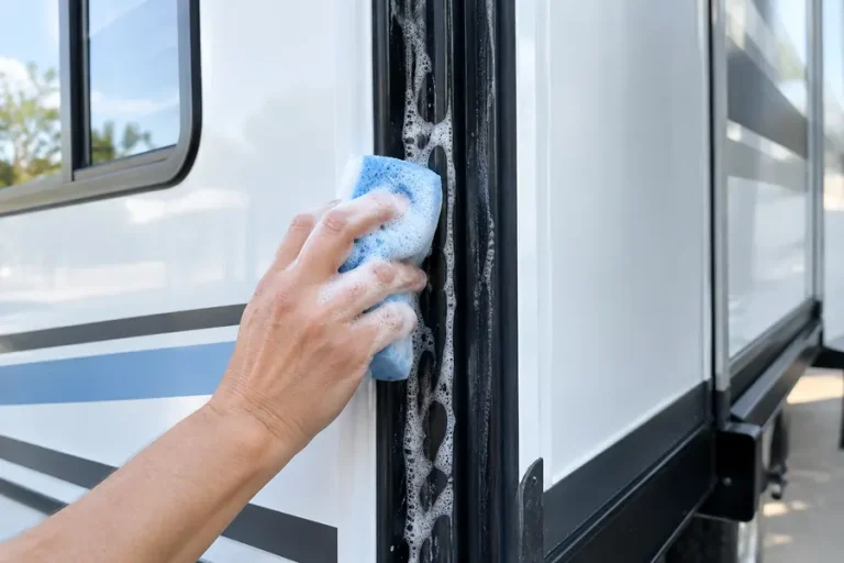 Washing an RV slide-out wiper seal with mild soap and water