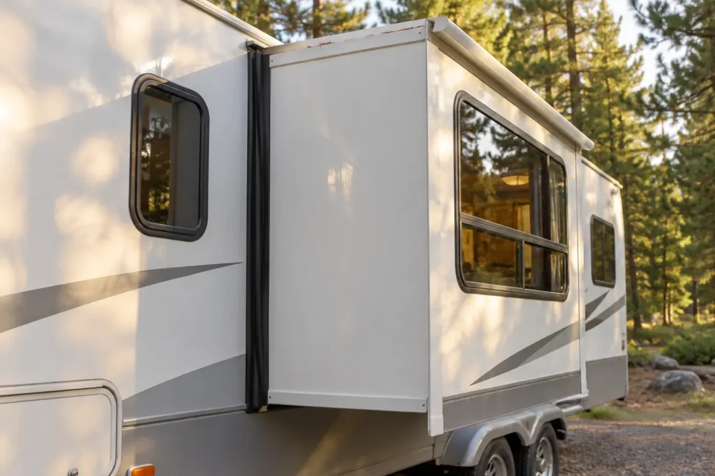 RV slide-out room partly extended at a campsite