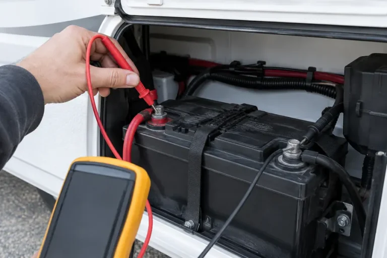 Checking RV house battery voltage with a multimeter before moving the slide-out
