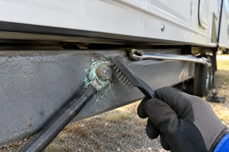 Cleaning a corroded ground terminal on an RV frame