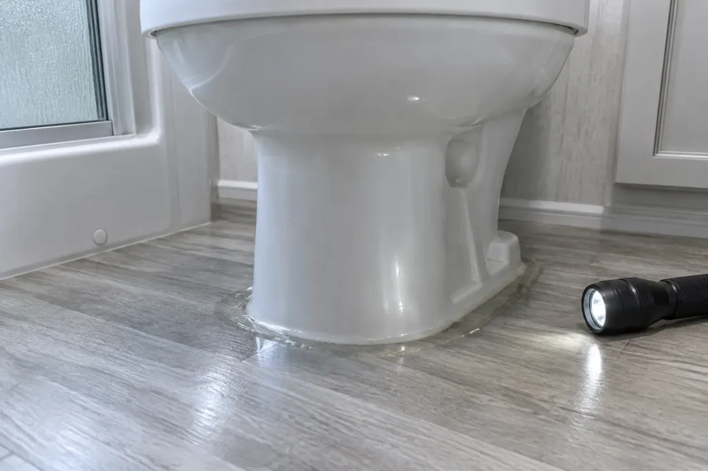 Water pooled around the base of an RV toilet on a vinyl floor