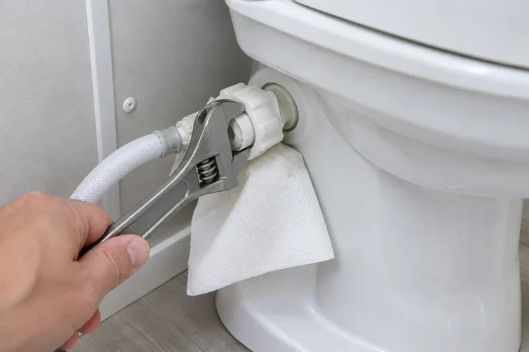 Snugging the water line connection at the back of an RV toilet