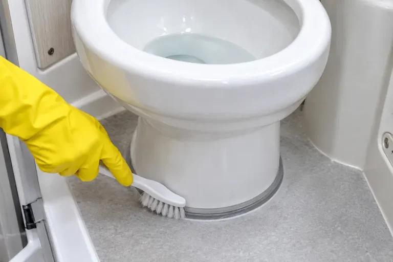 Brushing the flush ball seal at the bottom of an RV toilet bowl