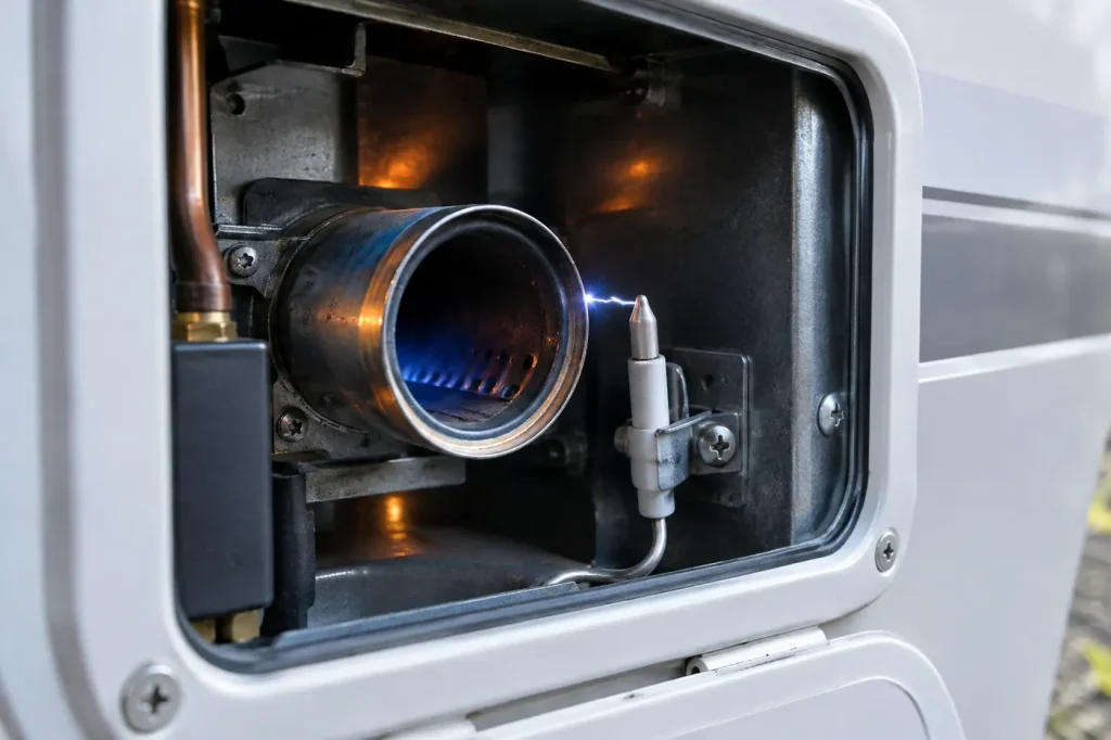 Spark electrode sparking at the burner of an RV water heater