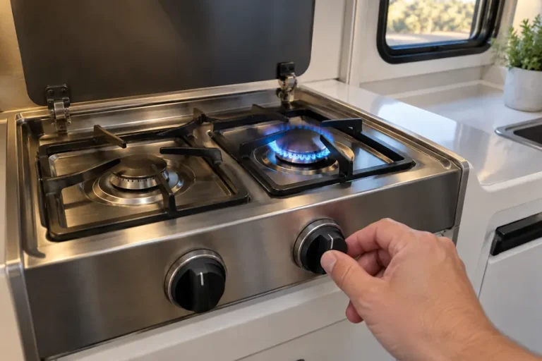 RV stove burner lit with a steady blue flame
