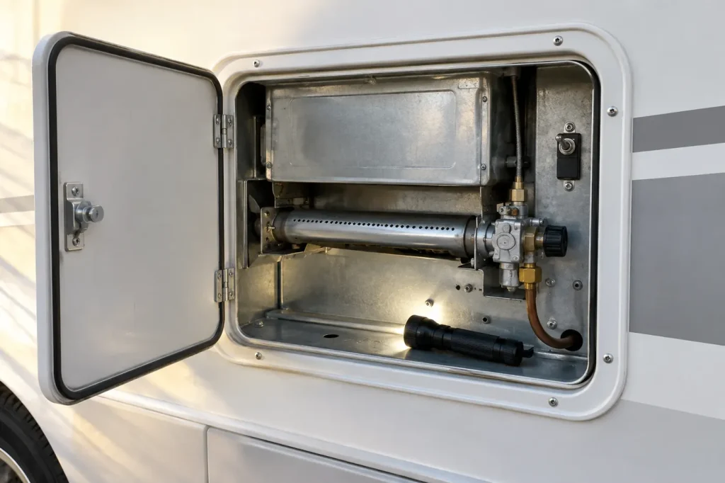 Open RV water heater access door showing the burner tube and gas valve
