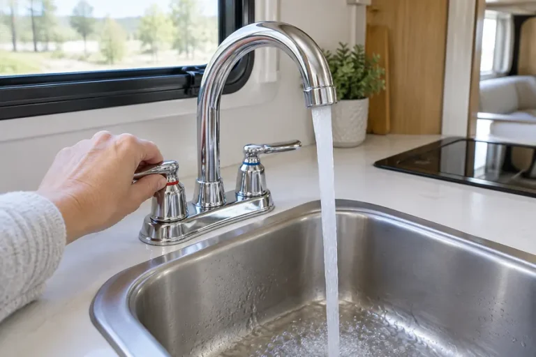 Hand opening the hot water faucet at an RV kitchen sink
