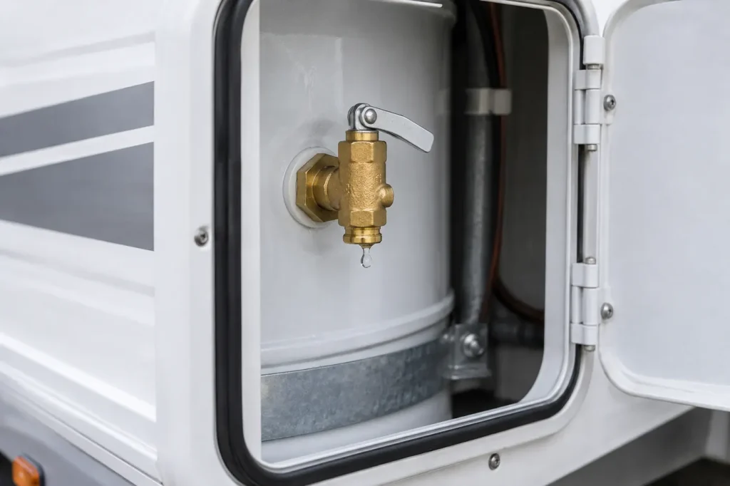 Water drop forming at the relief valve of an RV water heater