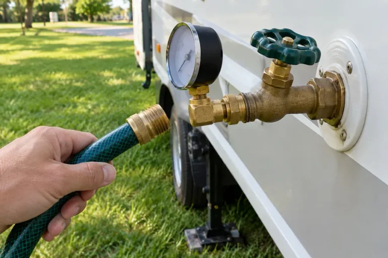 Water pressure gauge on a campground water spigot