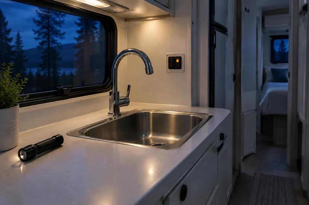 Quiet RV galley at night with the faucet closed and the pump switch panel lit