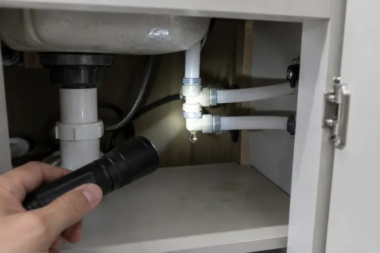 Checking water line fittings under an RV sink with a flashlight